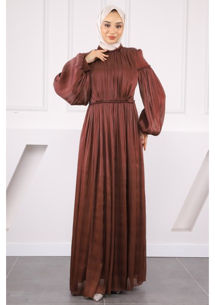 Bordo Balon Kol Piliseli Şifon Abiye fiyatları