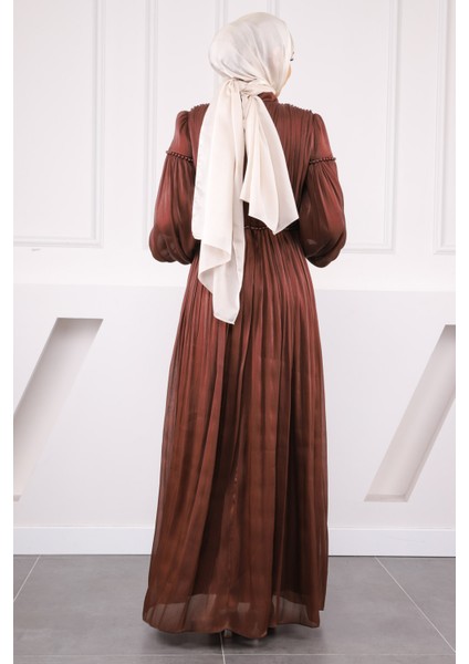 Bordo Balon Kol Piliseli Şifon Abiye modelleri