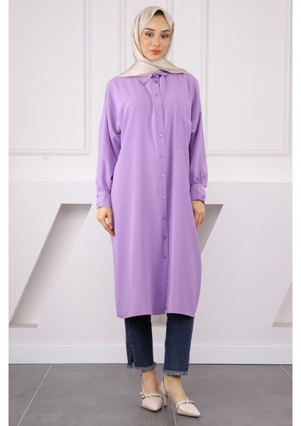 Lila Düğmeli Cepli Tunik