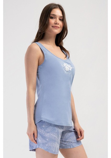 Kadın Geniş Askı Mavi Şortlu Pijama Takım C4T2N3O804