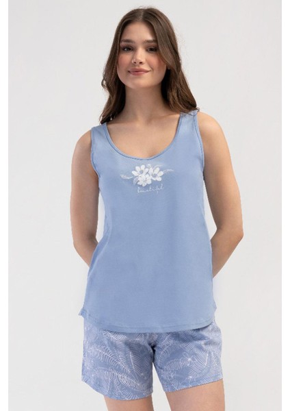 Kadın Geniş Askı Mavi Şortlu Pijama Takım C4T2N3O804