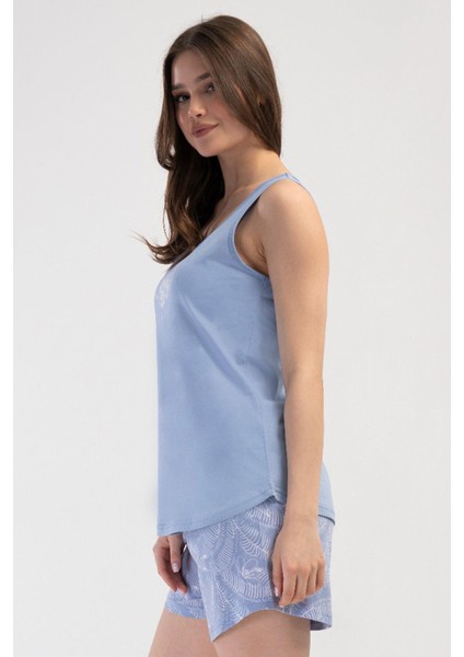 Kadın Geniş Askı Mavi Şortlu Pijama Takım C4T2N3O804