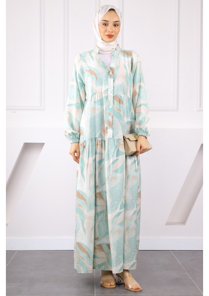 Mint Yarım Düğmeli Desenli Elbise