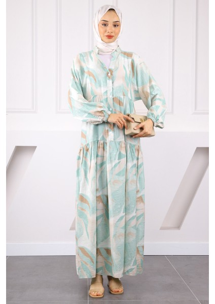 Mint Yarım Düğmeli Desenli Elbise fiyatları