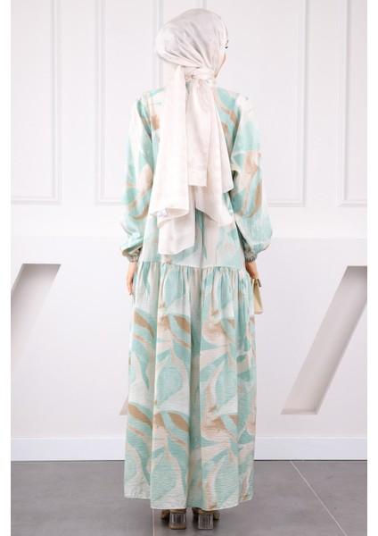 Mint Yarım Düğmeli Desenli Elbise modelleri