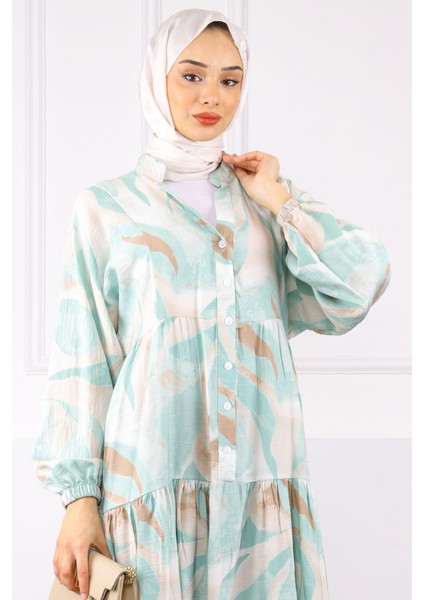 Mint Yarım Düğmeli Desenli Elbise fırsatları