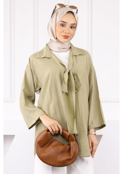 Haki Ön Bağlamalı İçlikli Kimono