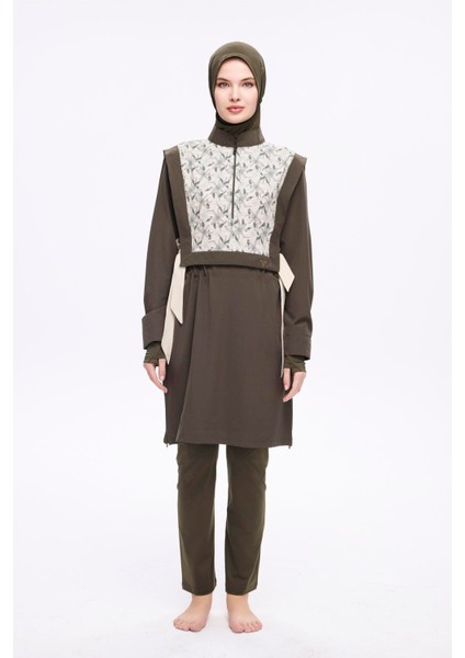 Kurdela Detaylı Haki 5 Parça Tam Tesettür Mayo Takımı 5008