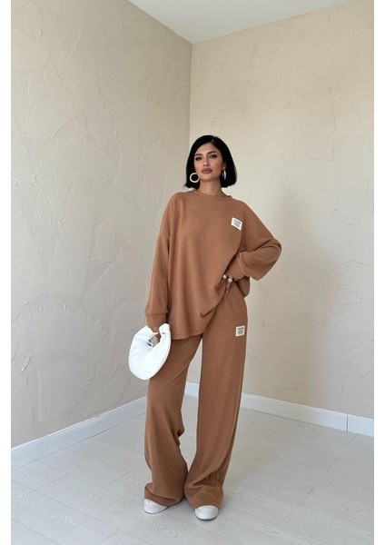 Camel Klasik Fitilli Kazak ve Pantolon Takım