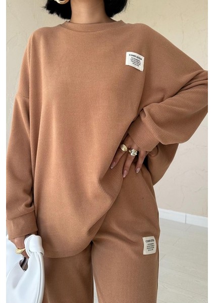 Camel Klasik Fitilli Kazak ve Pantolon Takım
