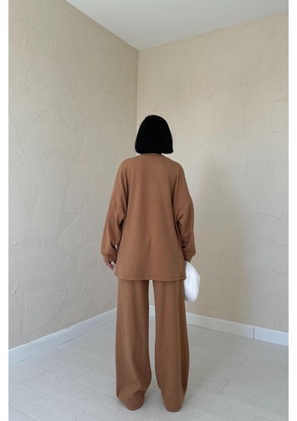 Camel Klasik Fitilli Kazak ve Pantolon Takım