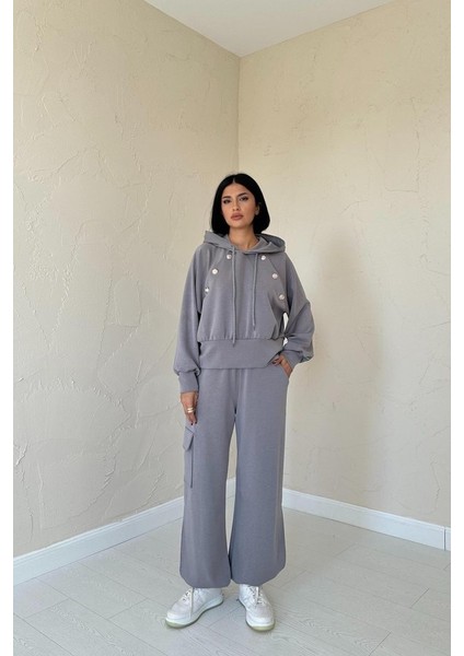 Füme Kapüşonlu Sweatshirt ve Kargo Pantolon Takım