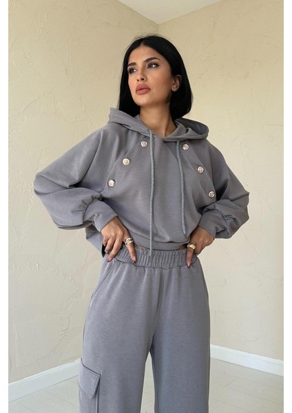 Füme Kapüşonlu Sweatshirt ve Kargo Pantolon Takım