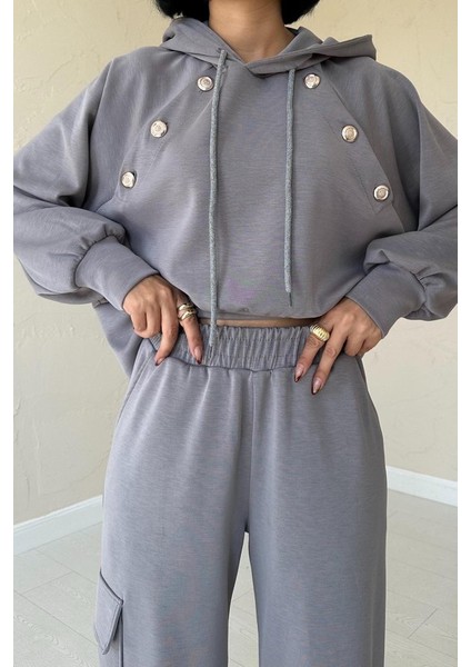 Füme Kapüşonlu Sweatshirt ve Kargo Pantolon Takım