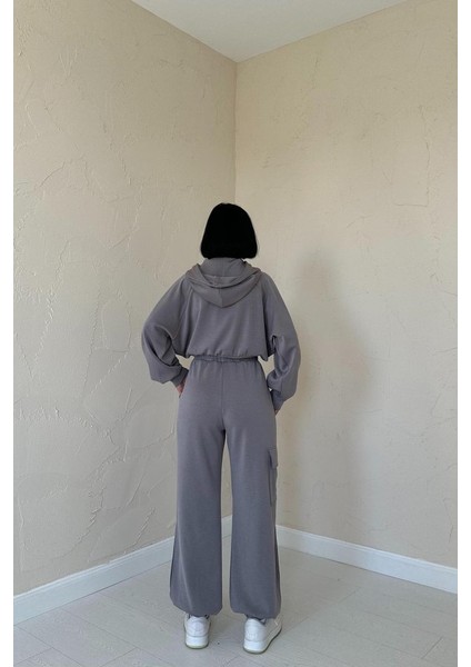 Füme Kapüşonlu Sweatshirt ve Kargo Pantolon Takım