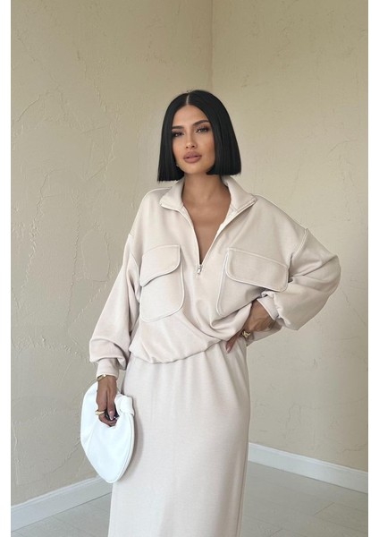 Bej Biyeli Sweatshirt ve Etek Takım