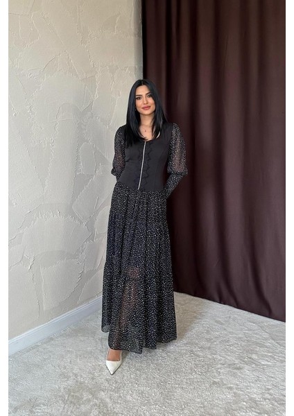 Siyah Dantelli Taşlı Şeritli Elbise