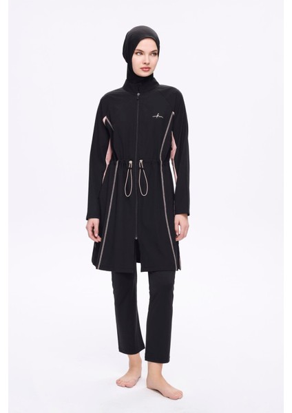 Pembe Biyeli Siyah 5 Parça Tam Tesettür Mayo Takımı 5009