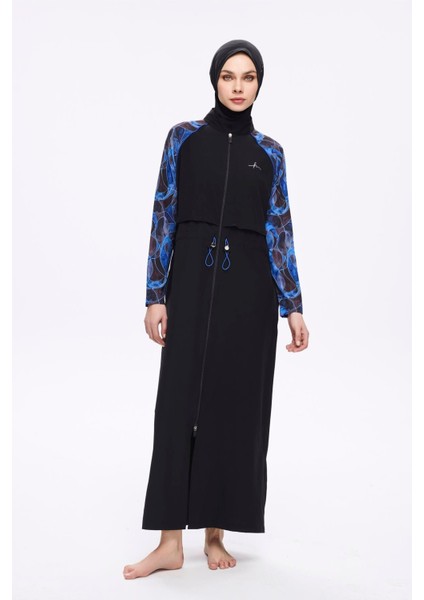Tam Boy Kolları Desenli Siyah 5 Parça Tam Tesettür Mayo Takımı 5016