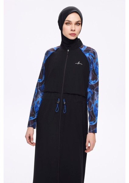 Tam Boy Kolları Desenli Siyah 5 Parça Tam Tesettür Mayo Takımı 5016 fiyatları