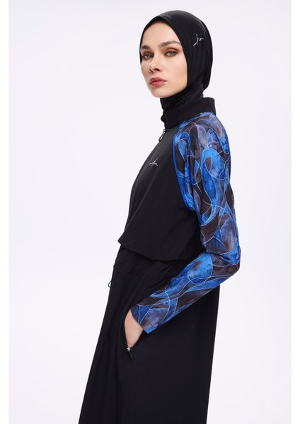 Tam Boy Kolları Desenli Siyah 5 Parça Tam Tesettür Mayo Takımı 5016 modelleri