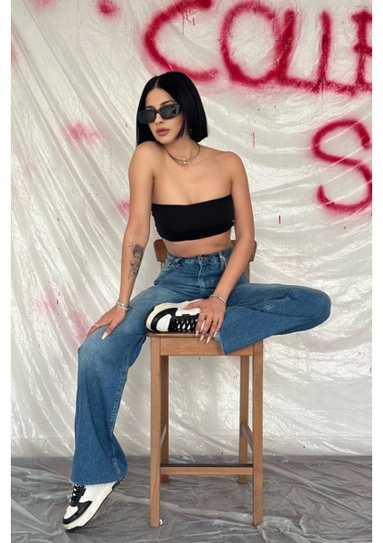 Mavi Yüksek Bel ve Geniş Paça Jeans Pantolon