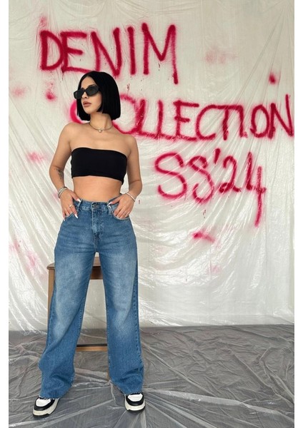 Mavi Yüksek Bel ve Geniş Paça Jeans Pantolon