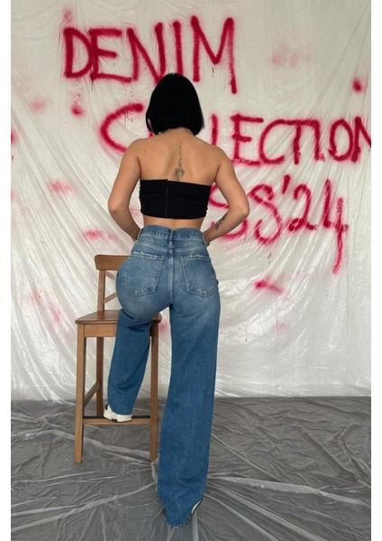 Mavi Yüksek Bel ve Geniş Paça Jeans Pantolon