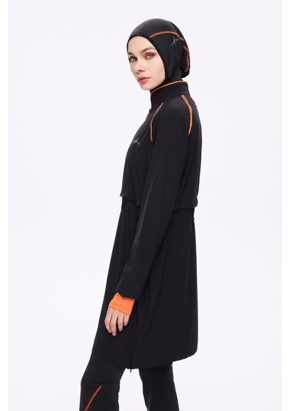 Performans Serisi Kadın Tam Tesettür Mayo Takımı 5 Parça Turuncu Biyeli Siyah Desenli modelleri