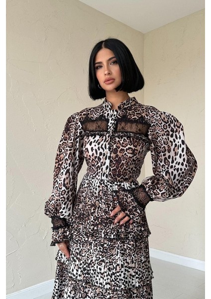 Leopar Pilise Detaylı Lastikli Elbise