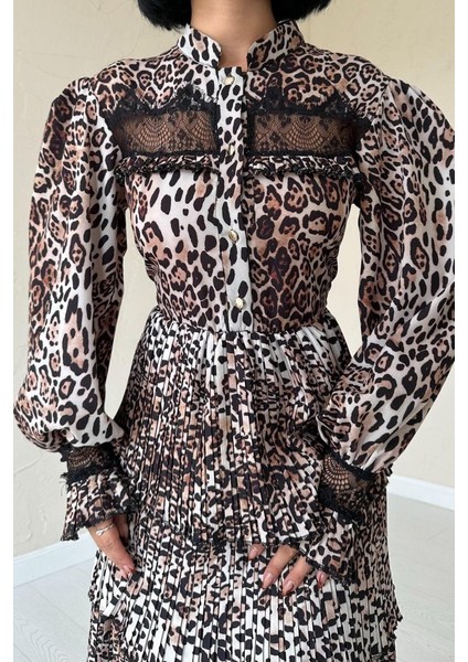 Leopar Pilise Detaylı Lastikli Elbise