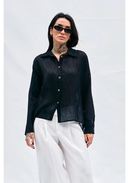 Kırışık Görünümlü Gömlek - Siyah Siyah - 38