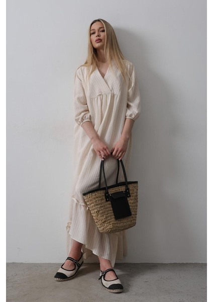 Çizgili Oversize V Yaka Elbise - Bej