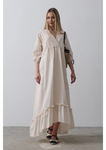 Çizgili Oversize V Yaka Elbise - Bej