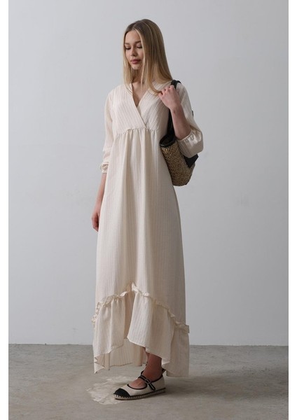 Çizgili Oversize V Yaka Elbise - Bej