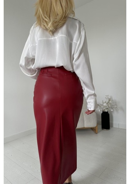 Bordo Yırtmaçlı Süs Patlı Etek