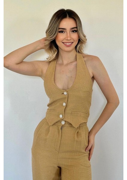 Camel Yelek ve Pantolon Takım