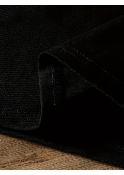 Baskılı Oversize Bisiklet Yaka T-Shirt - Siyah