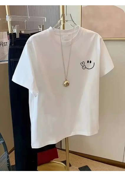 Baskılı Oversize Bisiklet Yaka T-Shirt - Beyaz