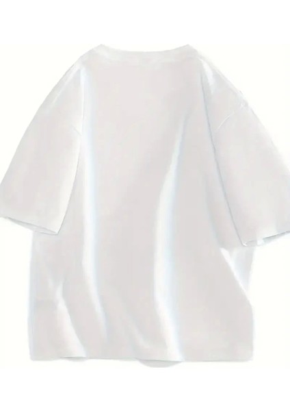 Baskılı Oversize Bisiklet Yaka T-Shirt - Beyaz