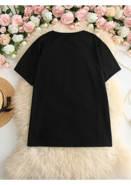 Baskılı Oversize Bisiklet Yaka T-Shirt - Siyah