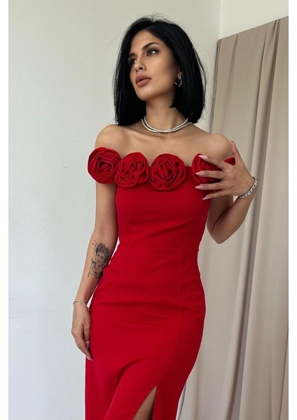 Kırmızı Madonna Yaka Güllü Elbise