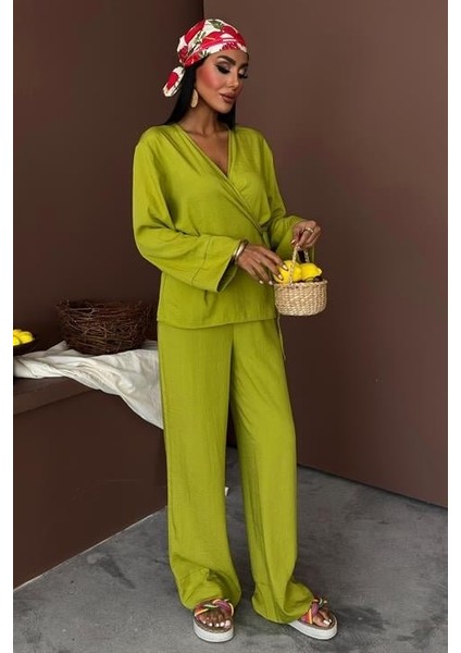 Kruvaze Model Klasik Pantolonlu Çupra Keten Takım 10191