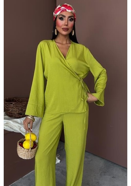 Kruvaze Model Klasik Pantolonlu Çupra Keten Takım 10191