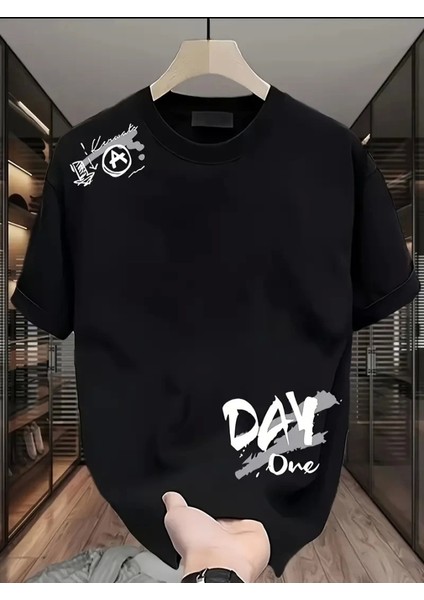 Baskılı Oversize Bisiklet Yaka T-Shirt - Siyah