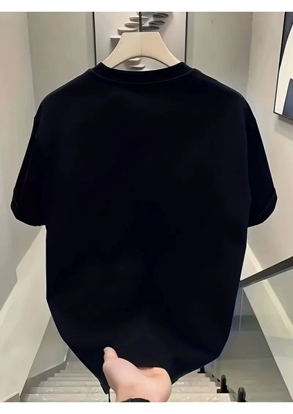Baskılı Oversize Bisiklet Yaka T-Shirt - Siyah