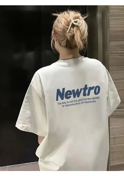 Baskılı Oversize Bisiklet Yaka T-Shirt - Beyaz
