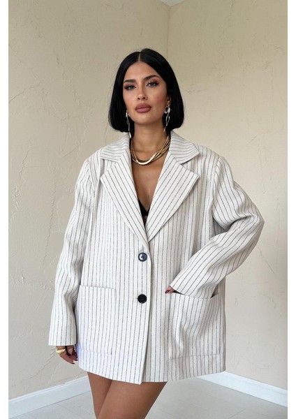 Bej Çizgili Oversize Ceket