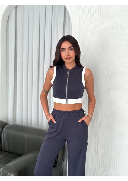 Osy Modal Yumuşak Dokulu Kumaş Tam Fermuarlı Crop Pantalon Ikili Takım - Antrasit