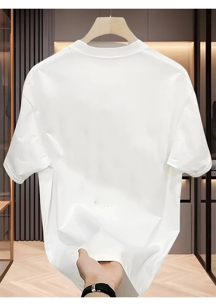 Baskılı Oversize Bisiklet Yaka T-Shirt - Beyaz